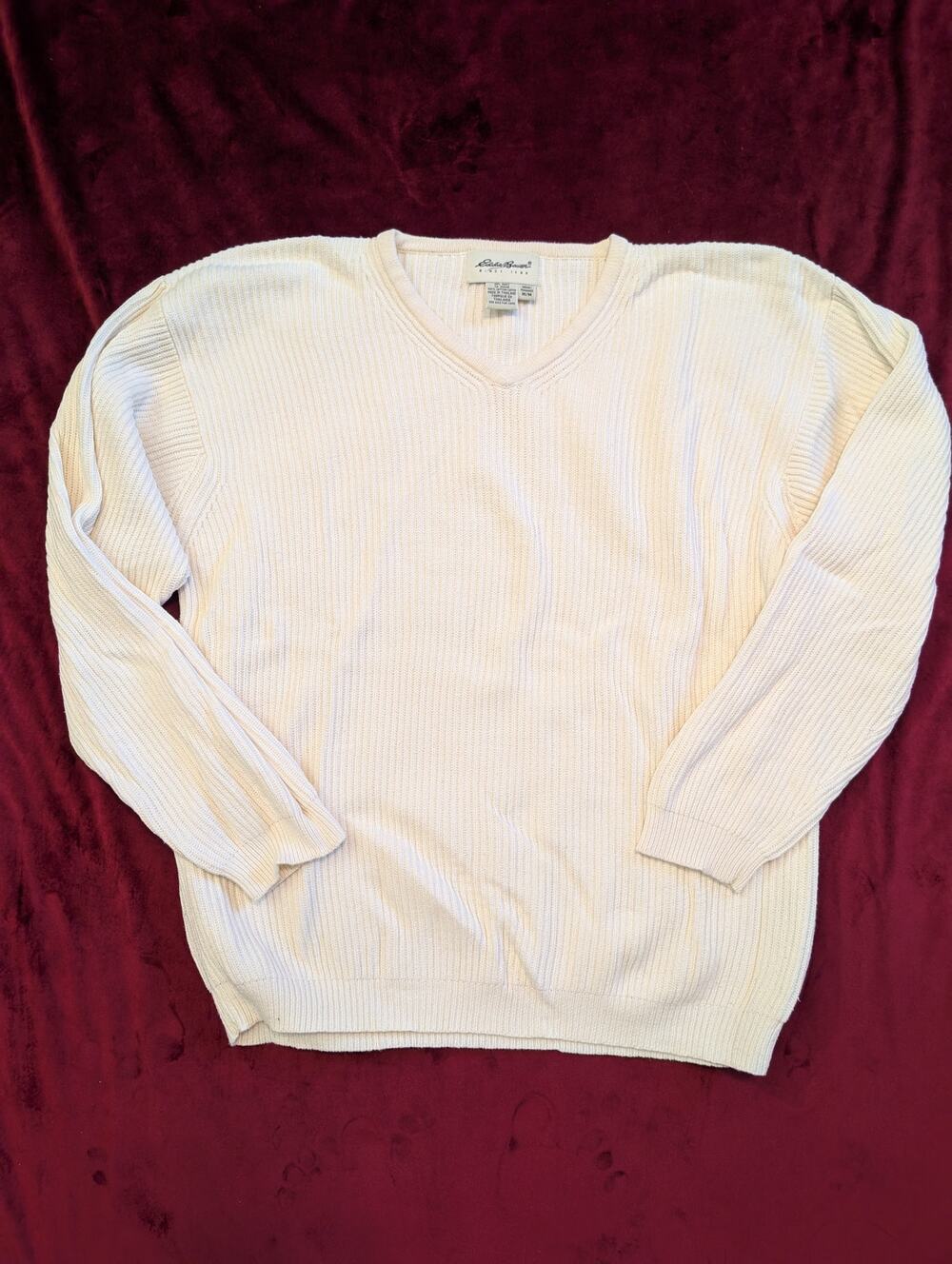 Vintage Eddie Bauer Cream V-Neck Ribbed Knit Sweater Cotton XL